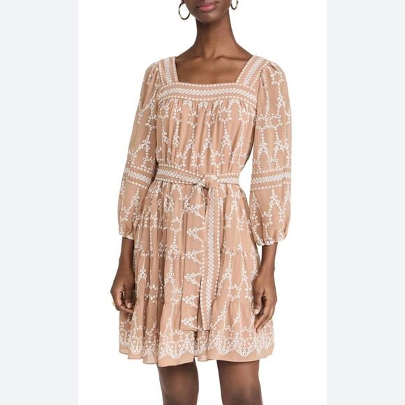 Shoshanna Torres tan and white long sleeve eyelet dress with tie waist women's 6 - Picture 2 of 9